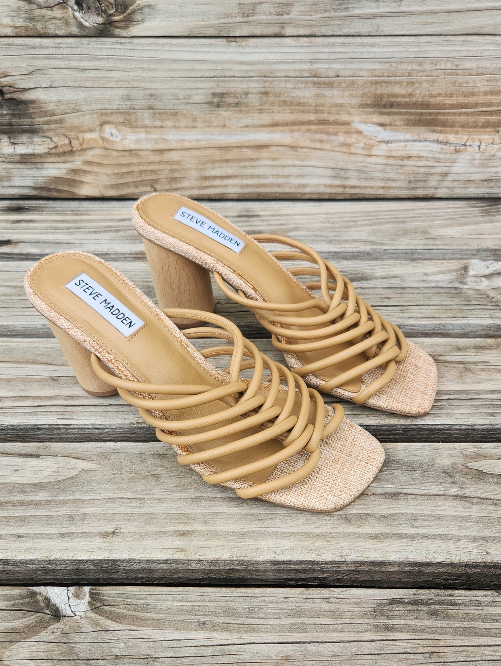Steve Madden Leather Wood Cirtes Heeled Sandal Heels 8 Boho Summer Wedding Brown